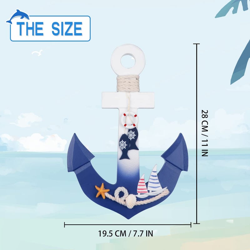 Meching 2 Pack 11" Nautical Beach Wooden Ship Wheel and 11" Wooden Anchor with Rope Nautical Boat Steering Wheel Rudder Anchor Wall Art Decor Door Hanging Ornament Beach Theme Home Decoration(White&Blue) - Image 3